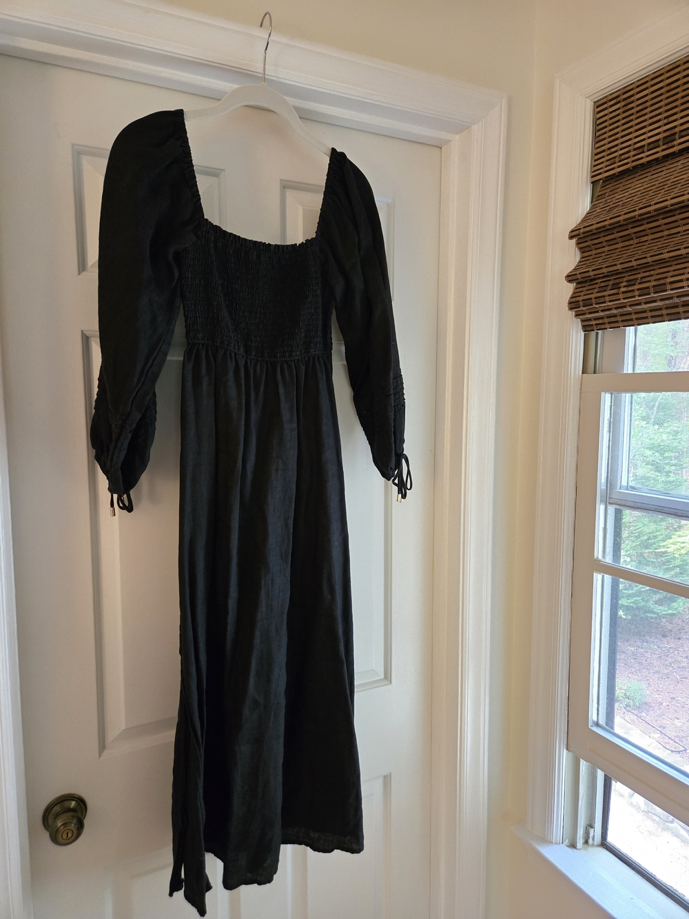 Black 3/4 Sleeve Smocked Midi Dress